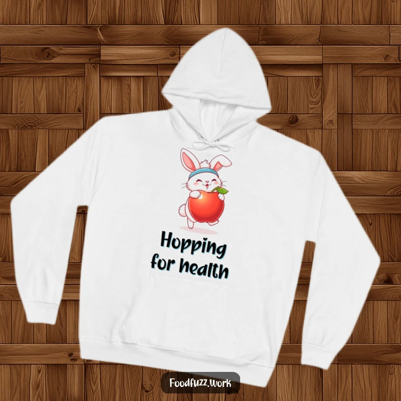 Funny bunny hoodie with sweatband and apple, offering cozy workout humor for active individuals.