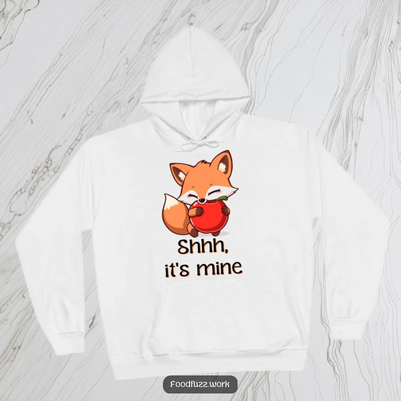 Funny Hoodie: A sly fox character cleverly hiding a juicy apple, perfect for cozying up with a mischievous air.