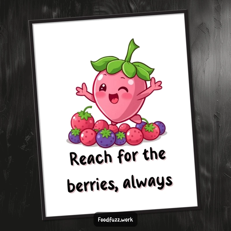 Funny Free Printable Wall Art: A happy berry character bouncing and reaching up, bringing a playful, humorous vibe. Downloadable art.