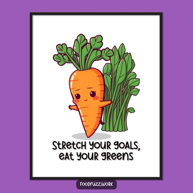 Free Printable Wall Art: Determined Carrot Stretching for Greens, Whimsical Downloadable Decor for a Healthy Laugh
