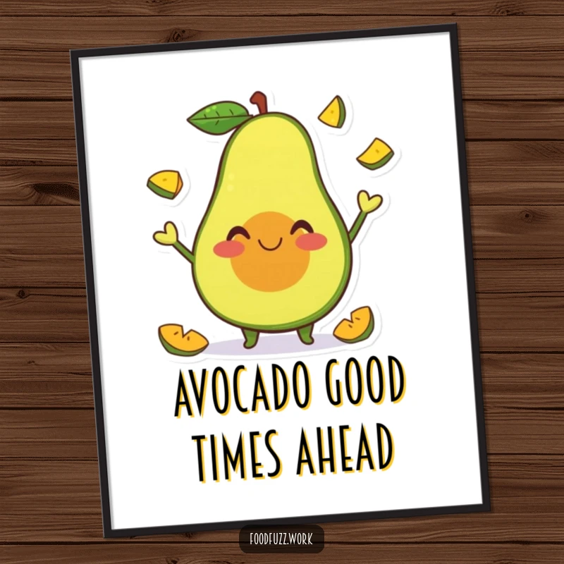 Funny Free Printable Wall Art of a smiling avocado character energetically juggling tiny fruit slices with glee.