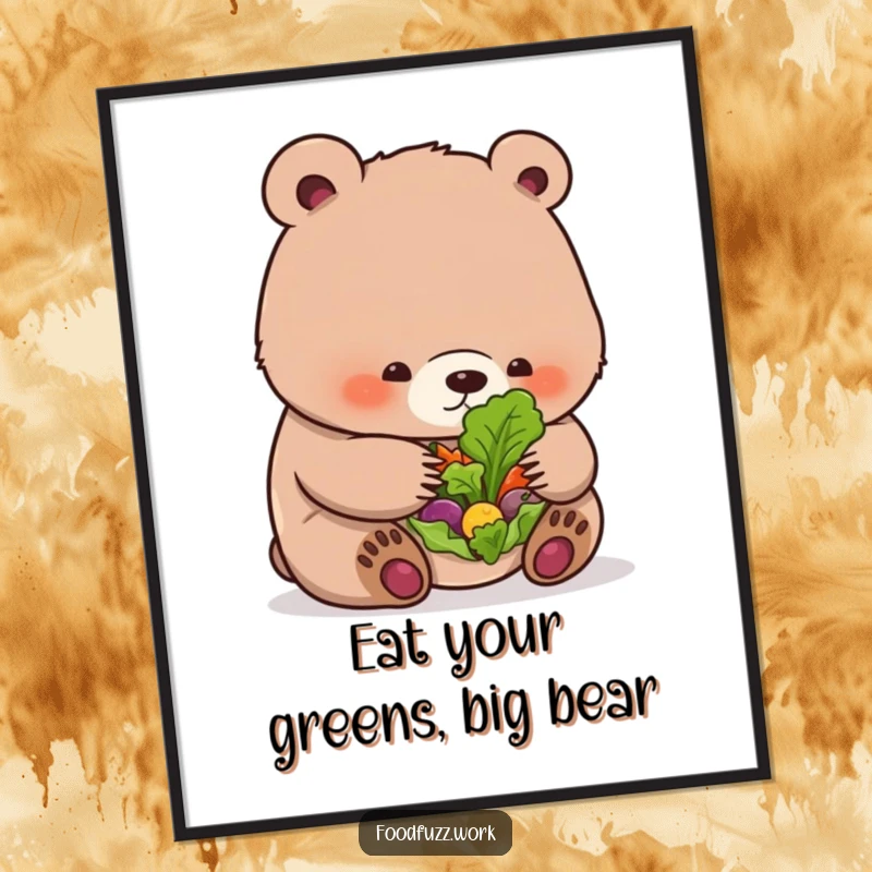 Funny free printable wall art: A plump bear cub comically examines a tiny colorful salad with a single leaf.