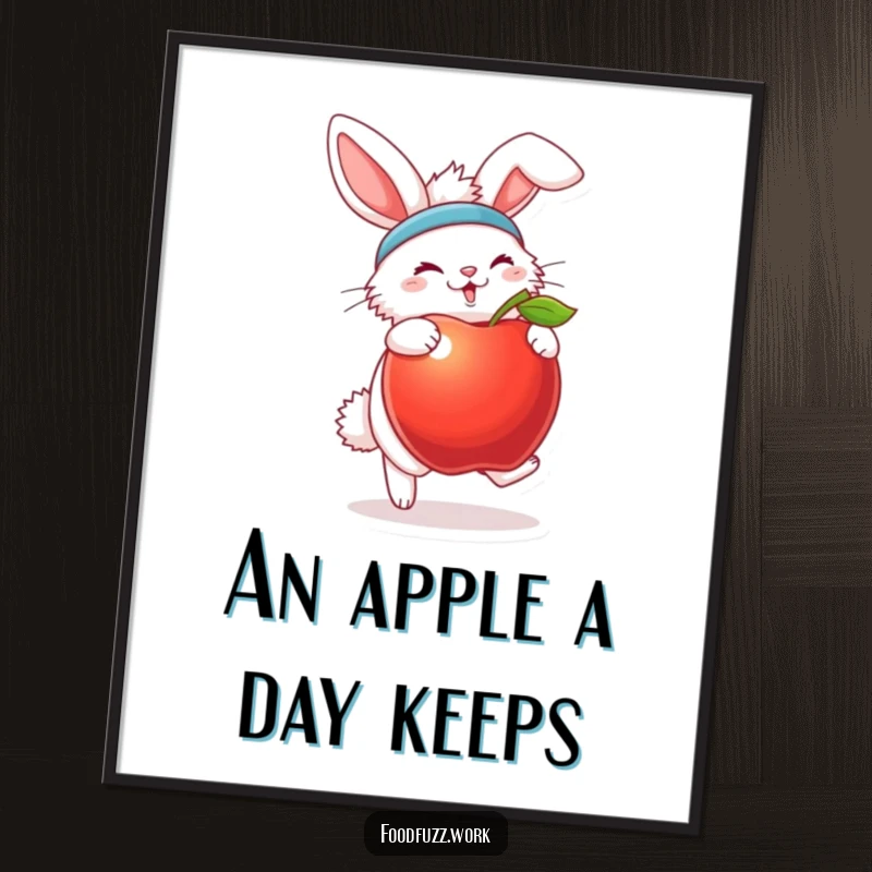 Funny free printable wall art: A fluffy bunny wearing a sweatband joyfully bounces a large apple against a vibrant background.