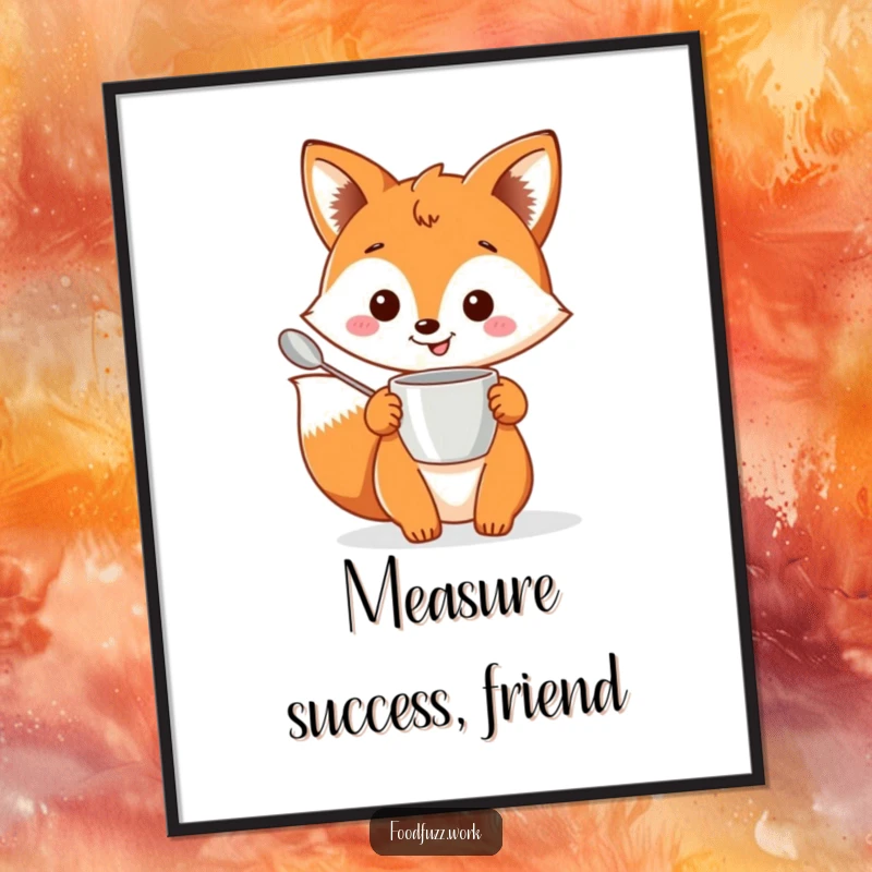 Funny free printable wall art: A cheerful fox holds a miniature measuring cup and a spoon, ready to bake.