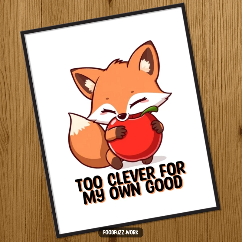 Funny Free Printable Wall Art featuring a sly fox character cleverly hiding a juicy apple behind its back, adding a playful and mysterious element.