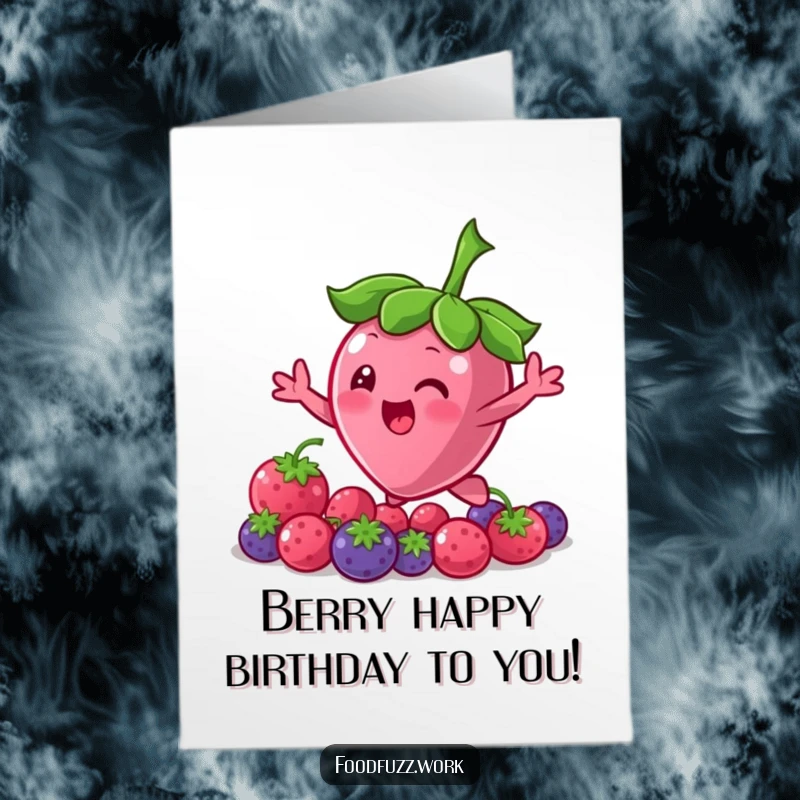 Funny Free Printable Birthday Card: A happy berry character bouncing gleefully, reaching for more fun. Downloadable and printable.