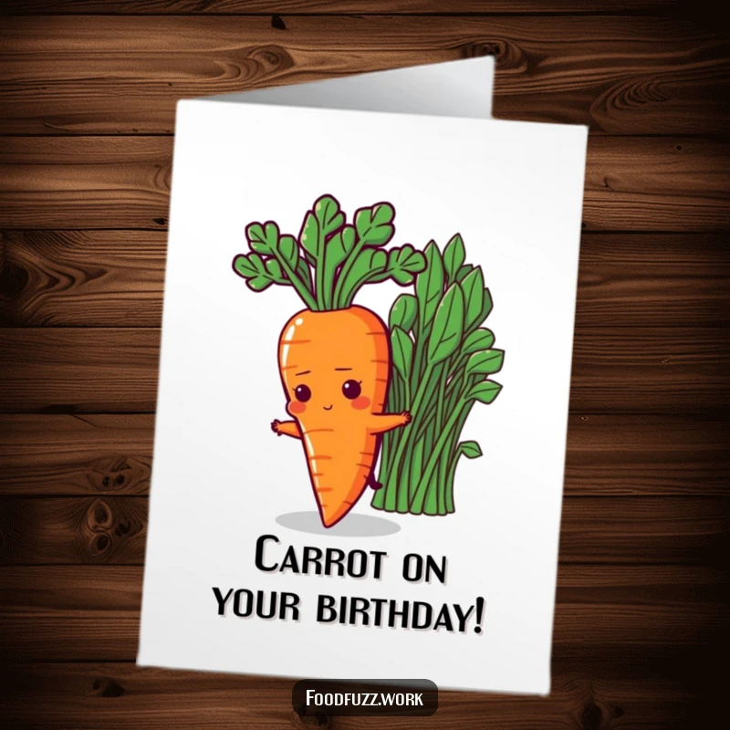 Funny Free Printable Birthday Card: A determined carrot character stretching upwards, aiming for birthday fun. Downloadable and printable.