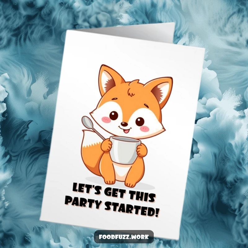 Funny free printable birthday card: A cheerful fox holds a tiny measuring cup and spoon, ready to bake.
