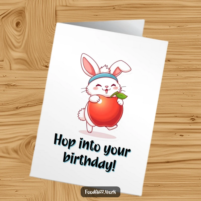 Funny free printable birthday card: A fluffy bunny wearing a sweatband joyfully bounces a oversized apple.