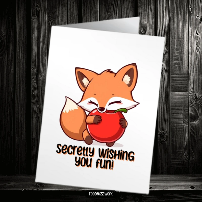 Funny Free Printable Birthday Card featuring a sly fox character cleverly hiding a juicy apple behind its back, wishing a happy, mischievous birthday.