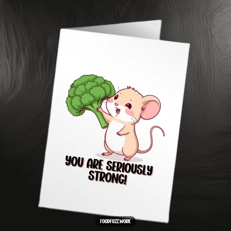 Funny free printable congratulations card: A small mouse straining with all its might to lift one broccoli floret.