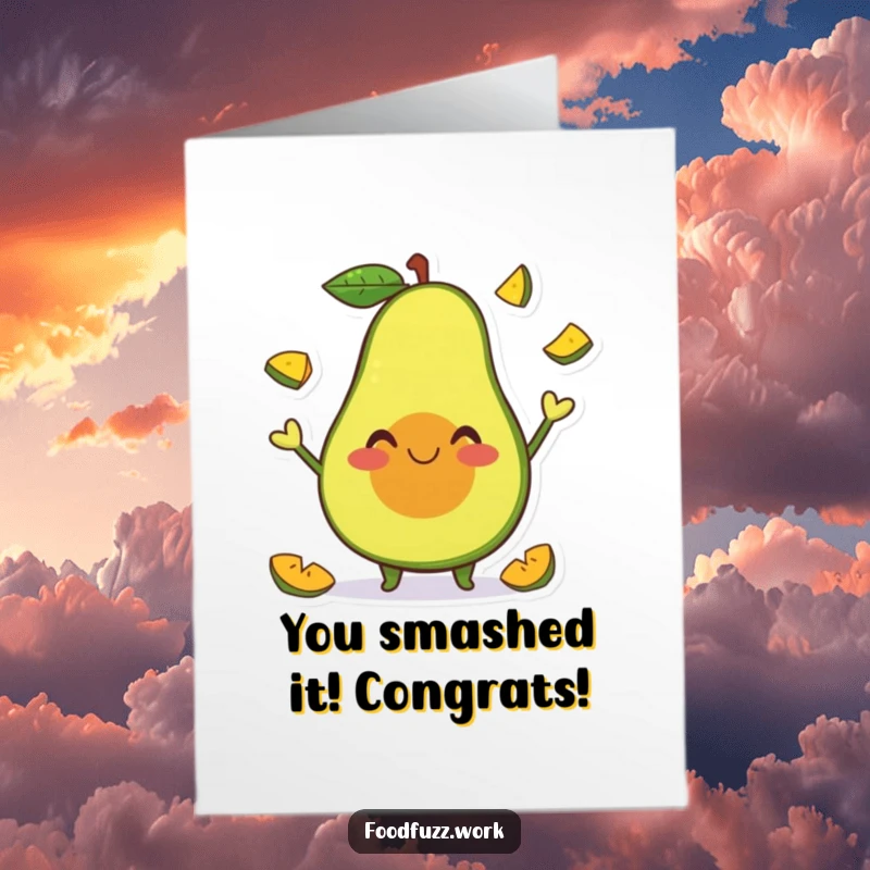 Funny Free Printable Congratulations Card with a smiling avocado character juggling small fruit slices.
