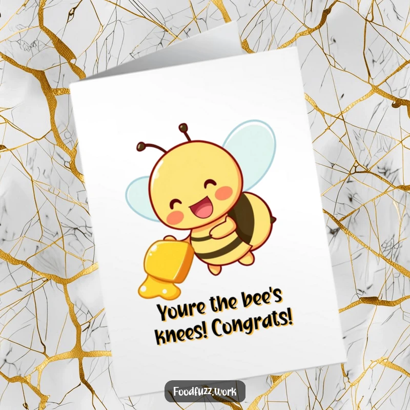 Funny Free Printable Congratulations Card featuring a buzzing bee character joyfully delivering a small honeydew slice, symbolizing sweet success.