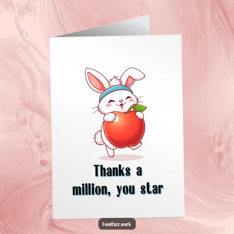 Funny free printable thank you card: A fluffy bunny wearing a sweatband is energetically bouncing a big apple.