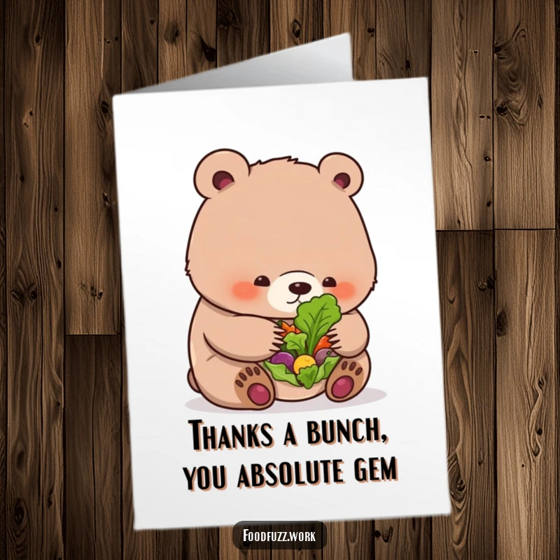 Funny free printable thank you card: A plump bear cub peers intently at a single leaf on a miniature salad.