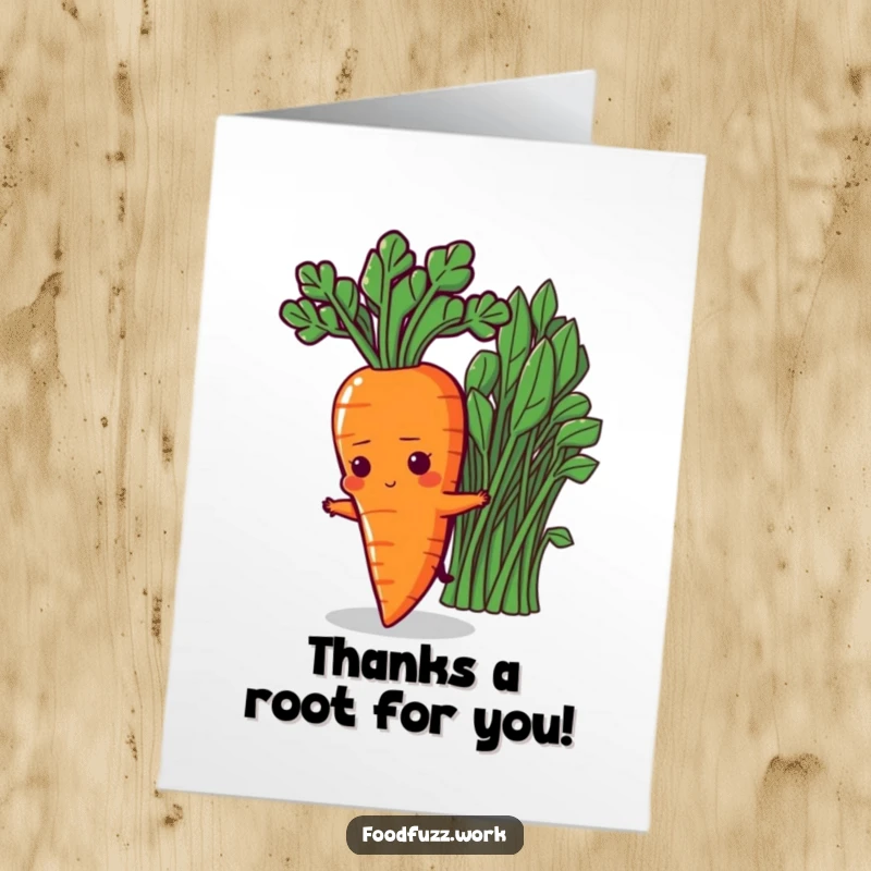 Funny Free Printable Thank You Card: A determined carrot reaching upwards, expressing thanks with a humorous twist. Downloadable.