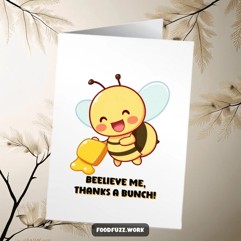 Funny Free Printable Thank You Card depicting a buzzing bee character joyfully delivering a small honeydew slice, conveying sweet appreciation.