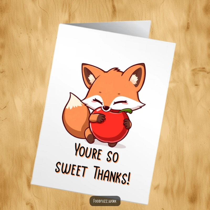 Funny Free Printable Thank You Card depicting a sly fox character cleverly hiding a juicy apple behind its back, conveying secret gratitude.