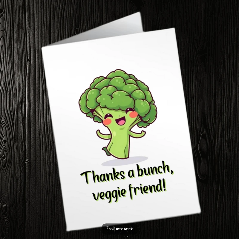 Funny Free Printable Thank You Card: A happy broccoli floret performing a joyful spin, conveying thanks with a side of humor.