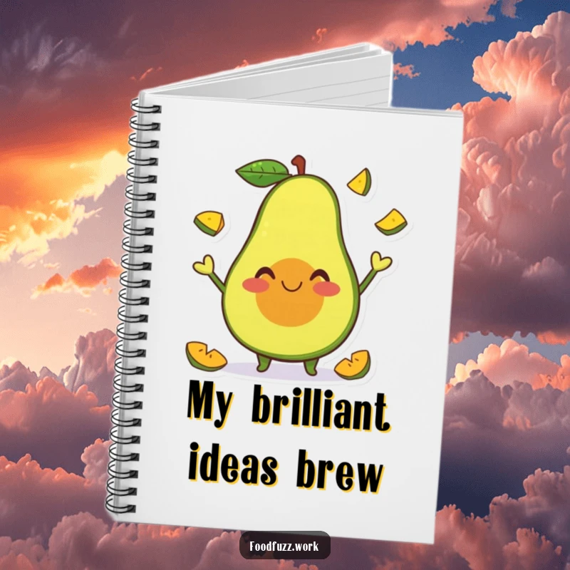 Funny Notebook featuring a smiling avocado character happily juggling tiny fruit slices, perfect for journaling, notes, or sketching with humor.