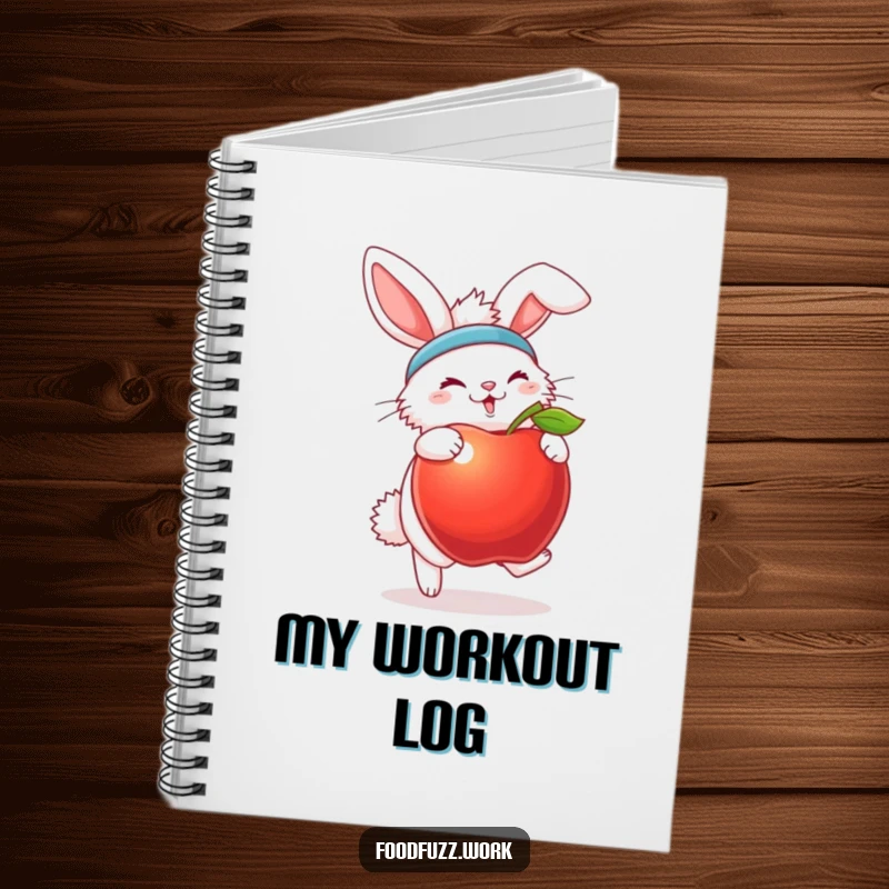 Funny bunny notebook with sweatband and apple, perfect for workout logs and fitness humor.