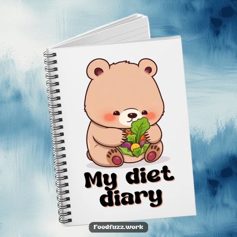 Funny bear cub notebook with a cub examining a tiny salad, perfect for note-taking with a humorous twist.
