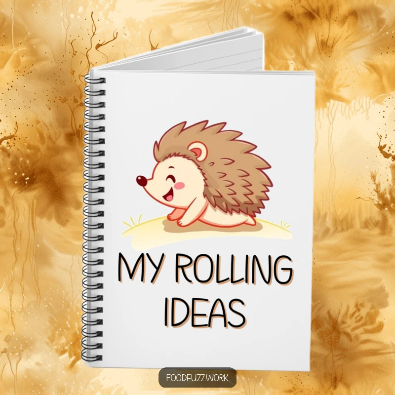 Funny hedgehog notebook featuring a happy hedgehog rolling down a gentle slope, perfect for capturing ideas with a humorous and playful spirit.