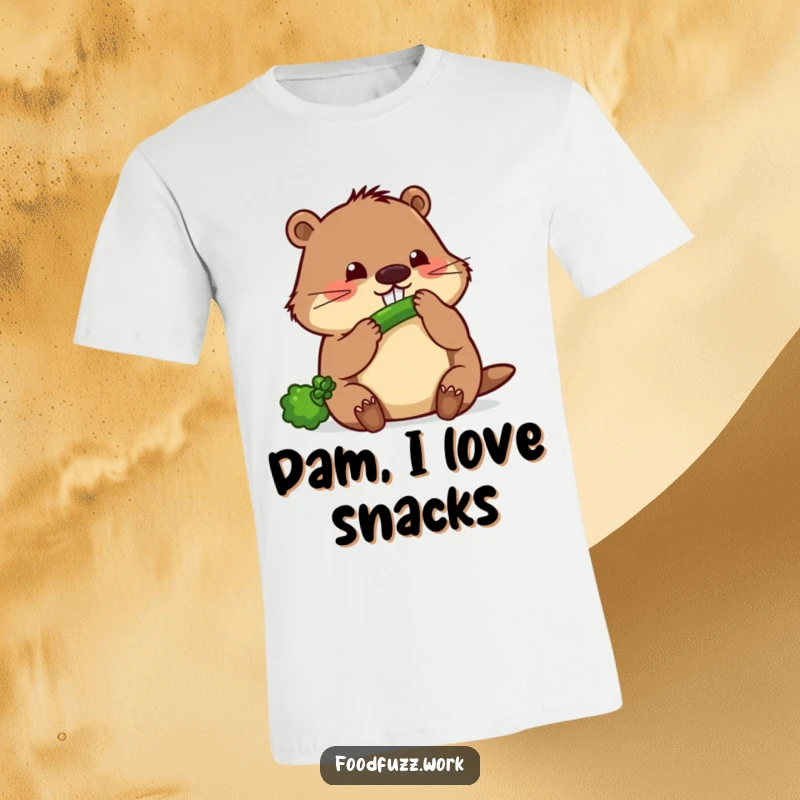 Funny beaver t-shirt featuring a busy beaver intently gnawing on a thin cucumber, representing industriousness with a comical touch.