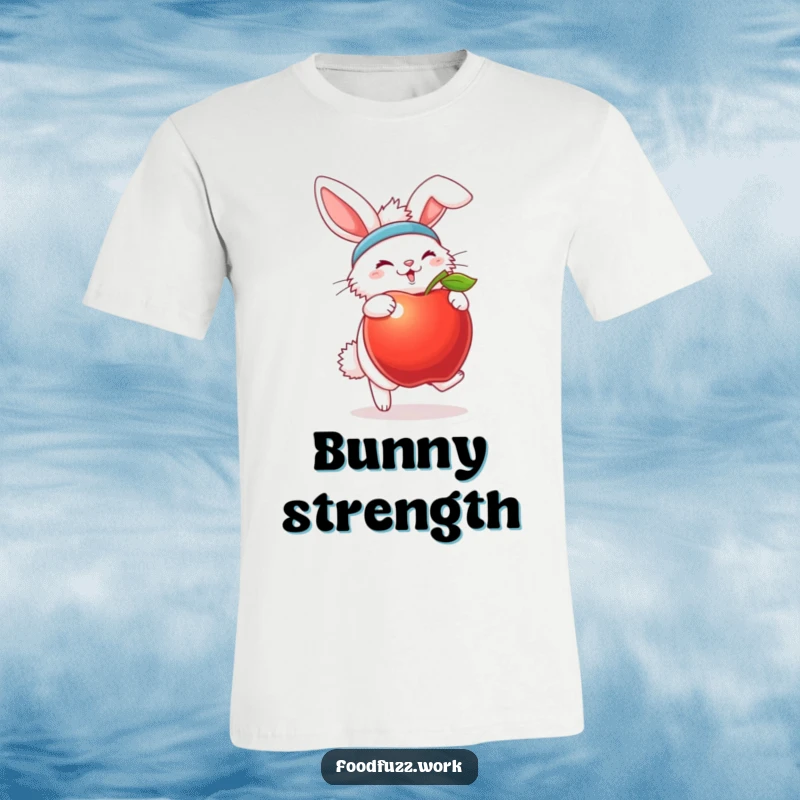 Funny bunny t-shirt with sweatband, actively bouncing an apple, embodying fitness and playful energy.