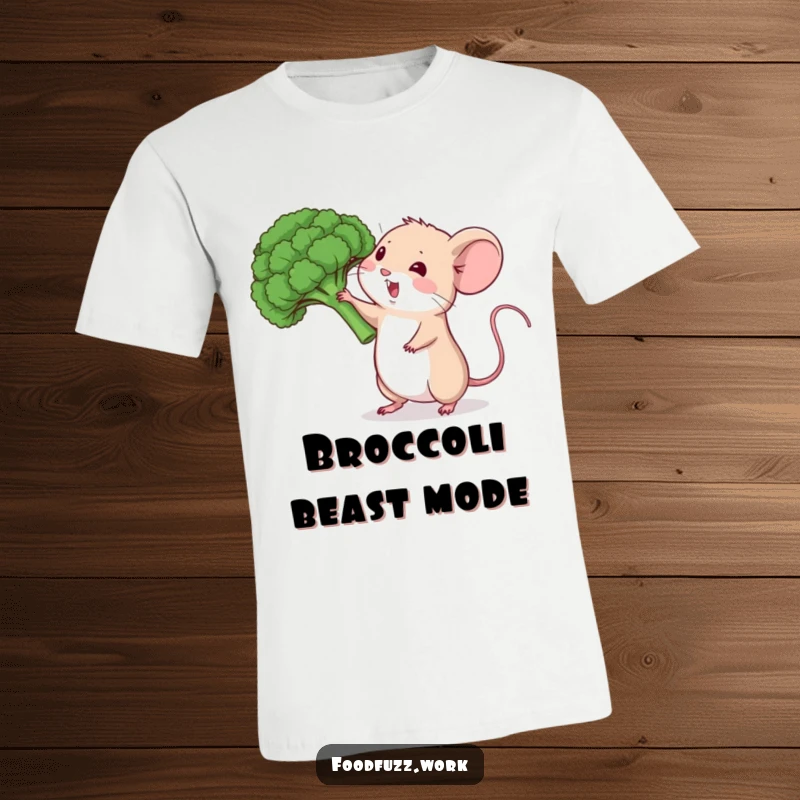 Funny mouse t-shirt with a broccoli floret, showcasing enthusiastic healthy eating humor.