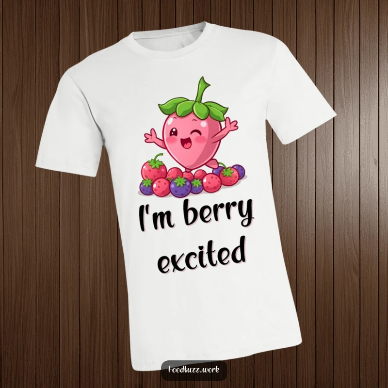 Funny Bouncing Berry T-Shirt: A vibrant tee featuring a cute berry character enthusiastically bouncing and reaching for more, expressing playful greed.