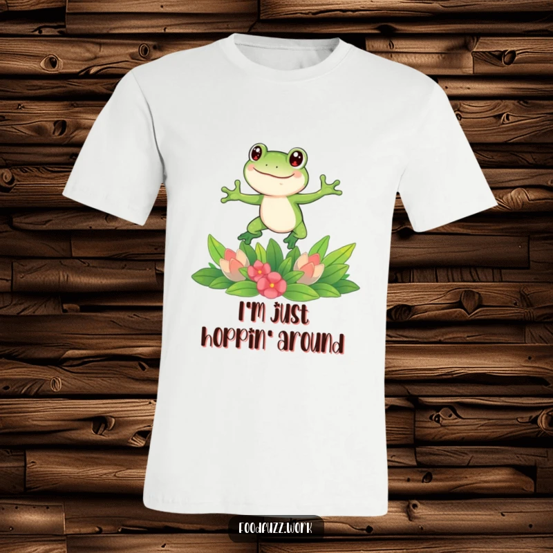 Funny frog t-shirt showing a joyful frog jumping enthusiastically over a colorful assortment of fresh green vegetables, celebrating healthy eating humorously.