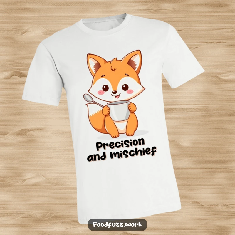 Funny fox t-shirt holding measuring tools, exuding cheerful baking enthusiasm and kitchen humor.