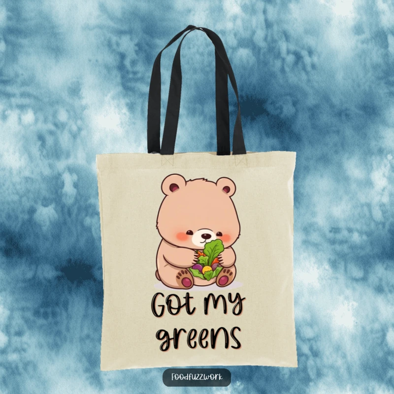 Funny bear cub tote bag contemplating a small salad, offering practical humor for daily use.