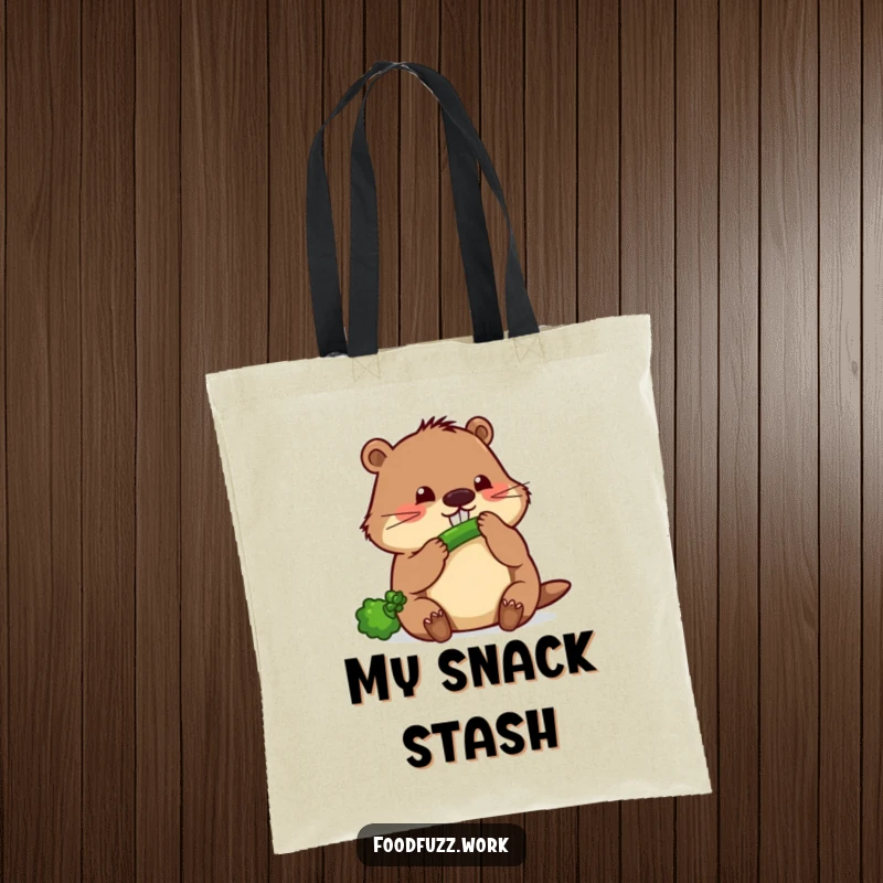 Funny beaver tote bag illustrating a focused beaver meticulously gnawing a thin cucumber, perfect for everyday errands with a comedic flair.