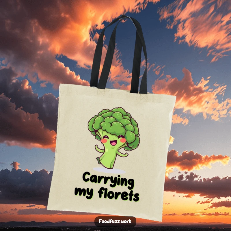 Funny Broccoli Floret Tote Bag: A sturdy bag showcasing a cheerful green broccoli in a joyful, playful spin, ideal for shopping and everyday use.