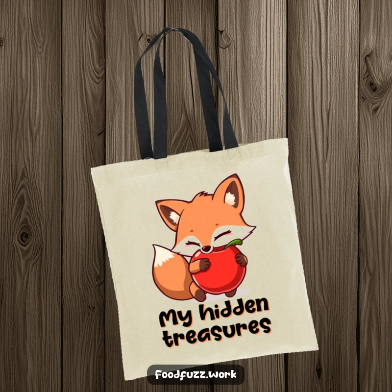 Funny Tote Bag: A sly fox hiding an apple, perfect for carrying essentials with a touch of playful secrecy and humor.